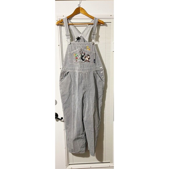 Vtg Looney Tunes Tweety & Friends Seersucker Overalls Women’s Size L Warn Bros - Picture 1 of 7